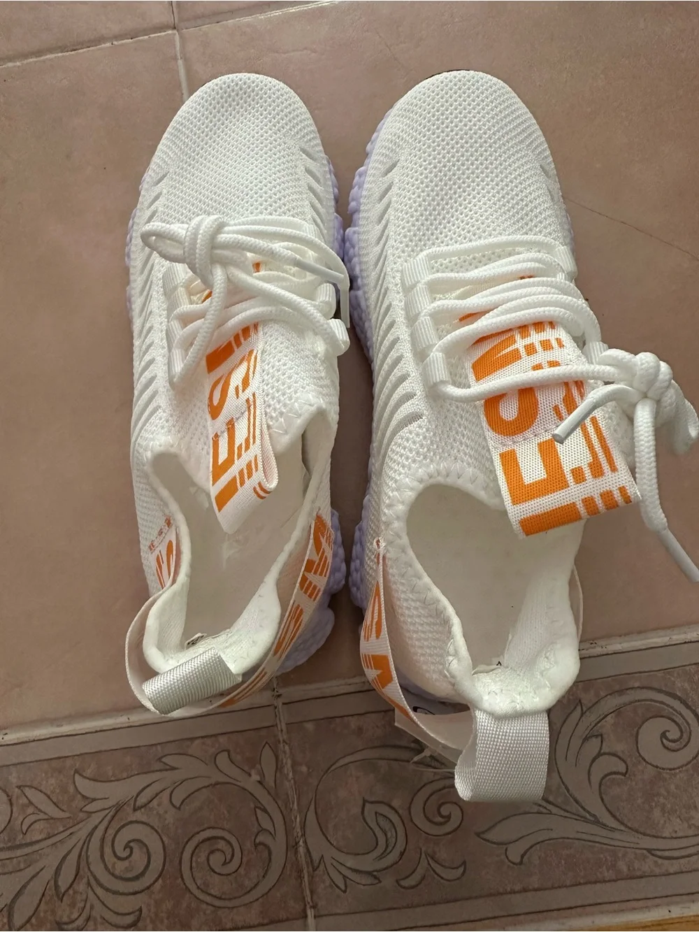 Faywellme White Knit Sneakers with Orange Text Accents